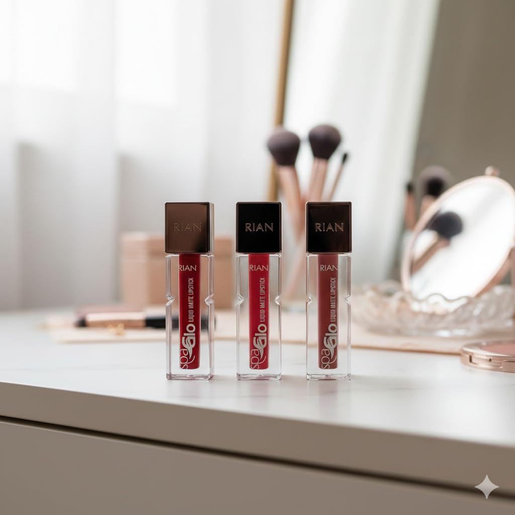 RIAN SpaGlo Liquid Matte Lipstick Set of 3 | Shade 101 Ruby Petal, Shade 102 Velvet Cherry, Shade 103 Rosy Blossom | Matte Finish