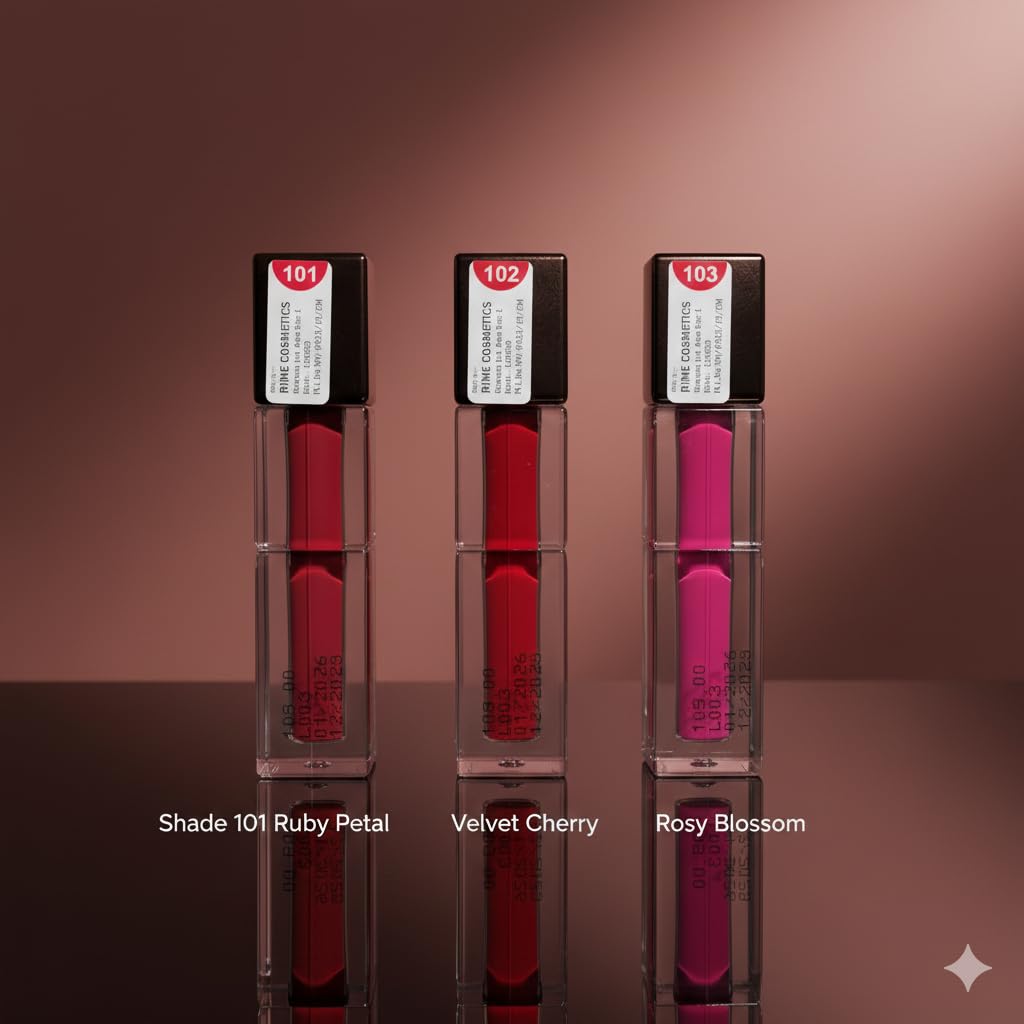 RIAN SpaGlo Liquid Matte Lipstick Set of 3 | Shade 101 Ruby Petal, Shade 102 Velvet Cherry, Shade 103 Rosy Blossom | Matte Finish