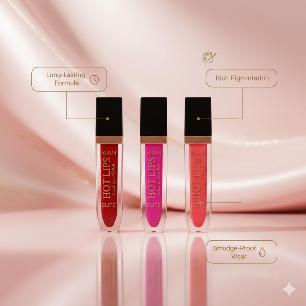 RIAN Hot Lips Elite Liquid Lipstick Set, 3 Colors Pack, Red Pink Brown Shades 109,103, 105