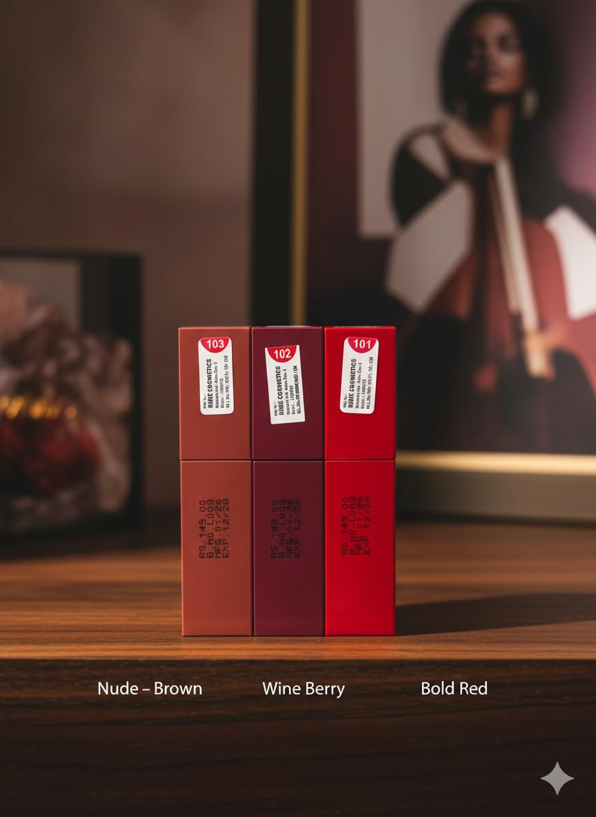 RIAN SPAGLO Matte Liquid Lipstick Combo – Shade 101 Red Velvet + 102 Wine Muse + 103 Nude Caramel | Matte Finish | Long Lasting | Set of 3