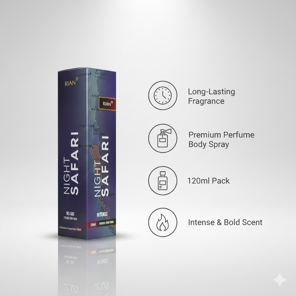RIAN NIGHT SAFARI Intense Perfume Body Spray | 0% Gas | Long-Lasting Masculine Fragrance | For Men | 120ml