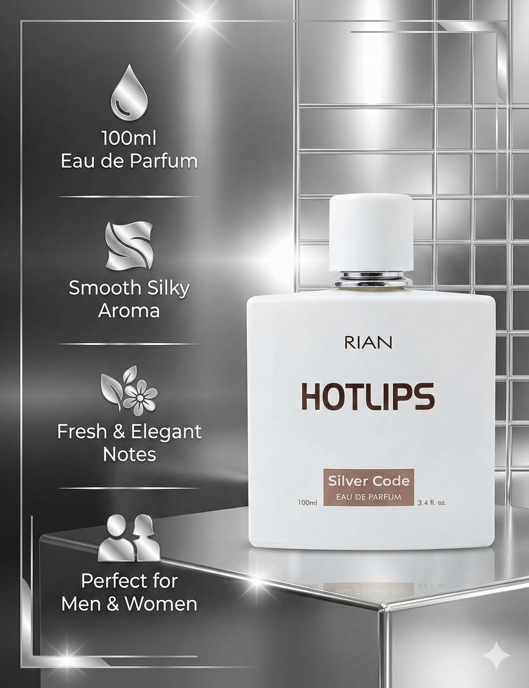 RIAN HOTLIPS Silver Code Eau de Parfum 100ml – Long-Lasting Premium Fragrance for Men & Women