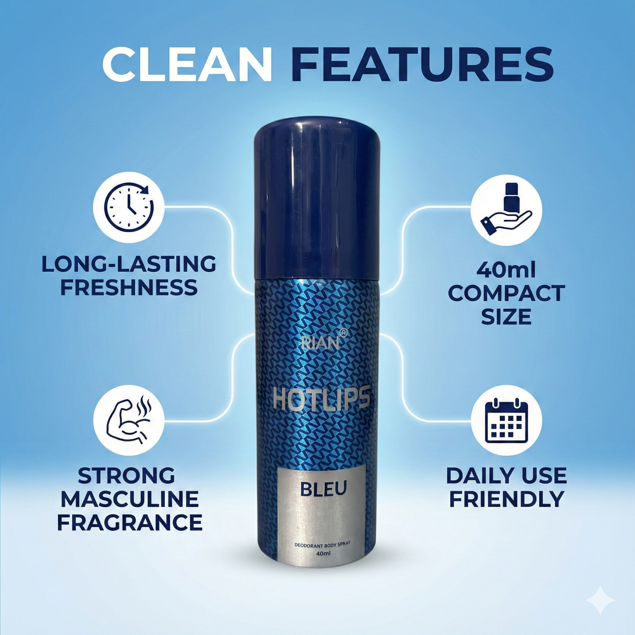 Click to see full view  Ask Rufus  What does it smell like?   Is this deodorant long-lasting?   Can it be used on sensitive skin?   Ask something else RIAN Hotlips Bleu Deodorant Body Spray – 40ml
